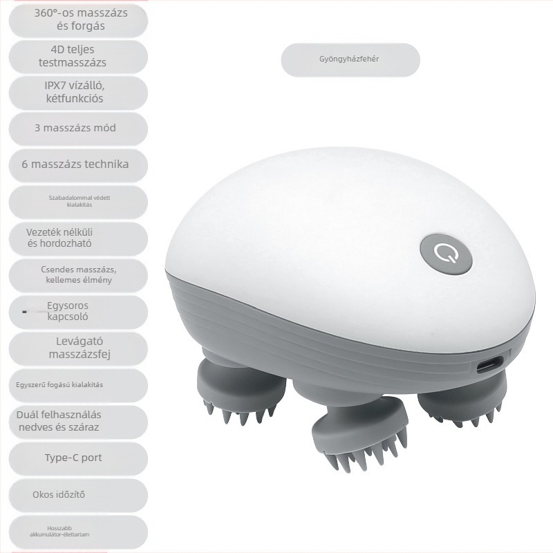 Váll-, nyak- és fejbőrmasszázs készülék vízálló fejjel, USB tápegység, modell: sCalp mini-T, masszázs, akupresszió, gyúrás