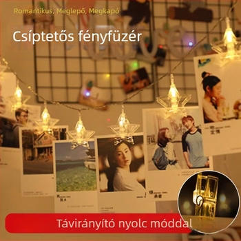 LED csipesszel ellátott fényfüzér, csillag alakú, 10–40 LED, 3000K, IP65, akkumulátorról működik