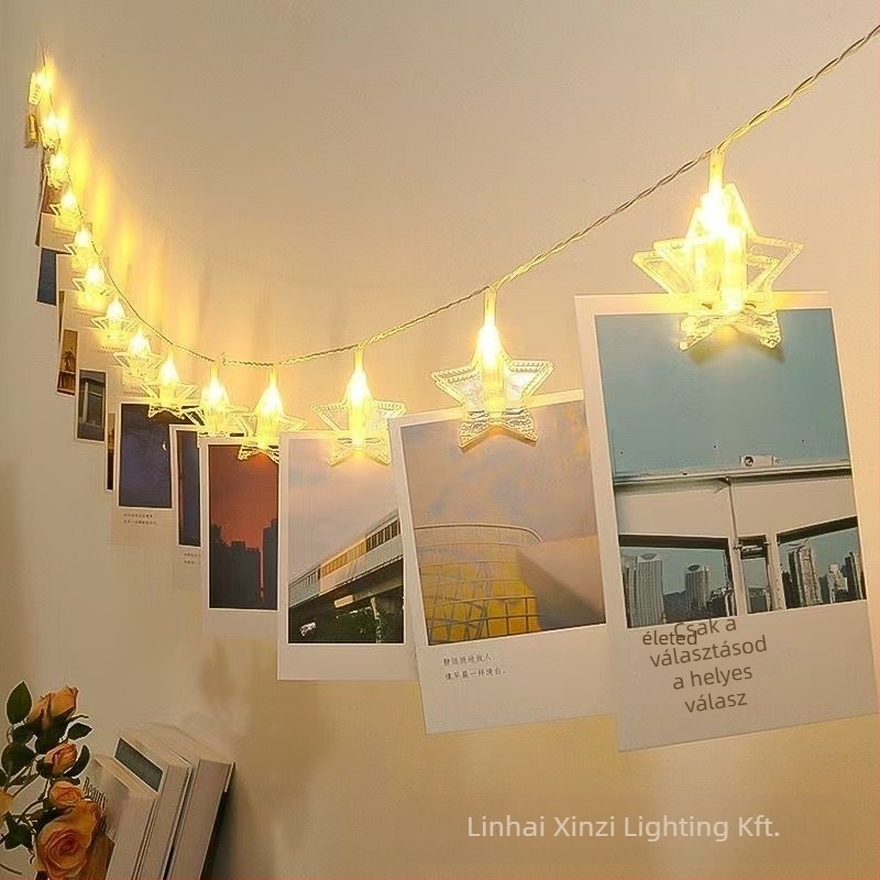 LED csipesszel ellátott fényfüzér, csillag alakú, 10–40 LED, 3000K, IP65, akkumulátorról működik