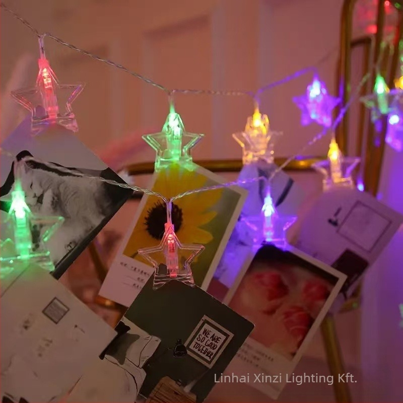 LED csipesszel ellátott fényfüzér, csillag alakú, 10–40 LED, 3000K, IP65, akkumulátorról működik