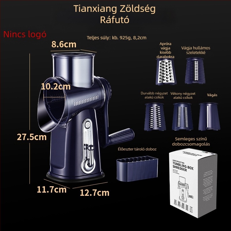 Többfunkciós kézi hajtású zöldségvágó szeletelő és reszelő (anyag: PC+ABS, 304/430 rozsdamentes acél, 420J2, PP; otthoni és kereskedelmi használatra)