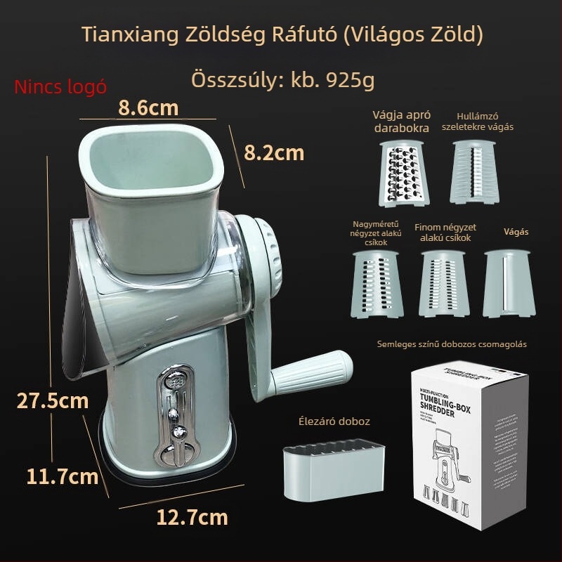 Többfunkciós kézi hajtású zöldségvágó szeletelő és reszelő (anyag: PC+ABS, 304/430 rozsdamentes acél, 420J2, PP; otthoni és kereskedelmi használatra)