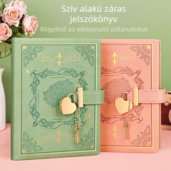 Jegyzetfüzet jelszavas záróval, szív alakú zár, műbőr borító, 128 oldal, 100 g/m² papír