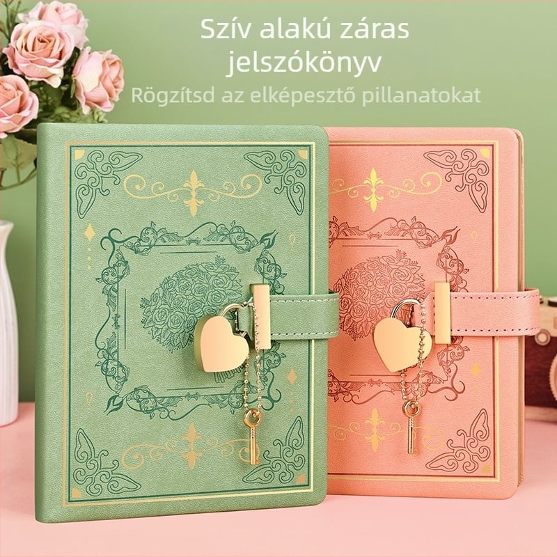Jegyzetfüzet jelszavas záróval, szív alakú zár, műbőr borító, 128 oldal, 100 g/m² papír
