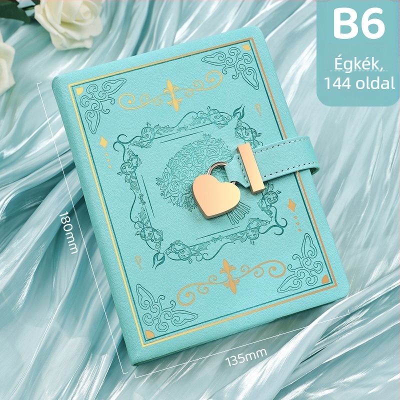 Jegyzetfüzet jelszavas záróval, szív alakú zár, műbőr borító, 128 oldal, 100 g/m² papír