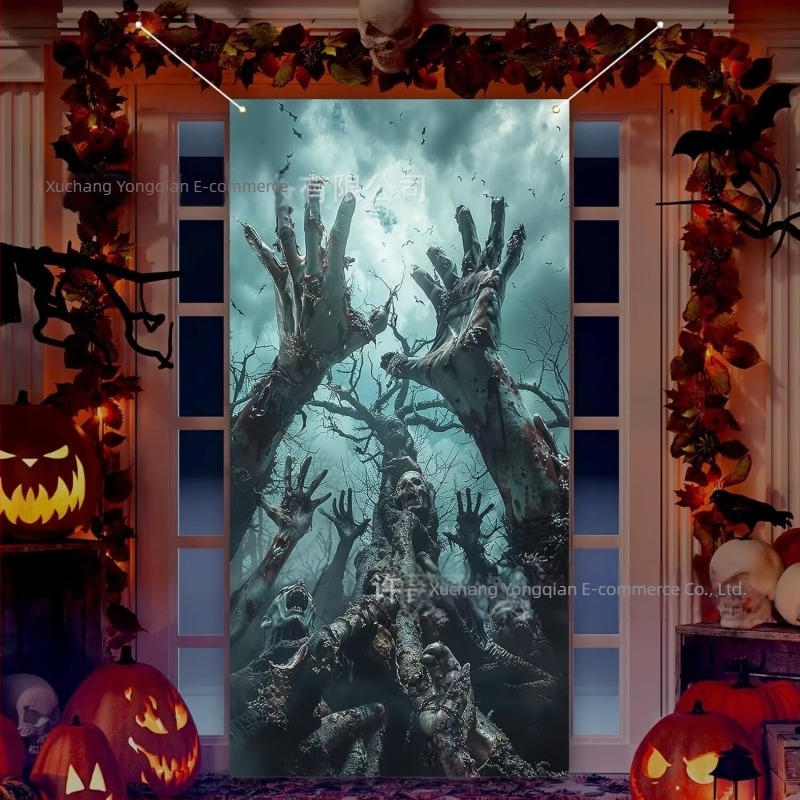 Halloween ajtófüggöny félelmetes hangulattal – parti dekorációs zászló
