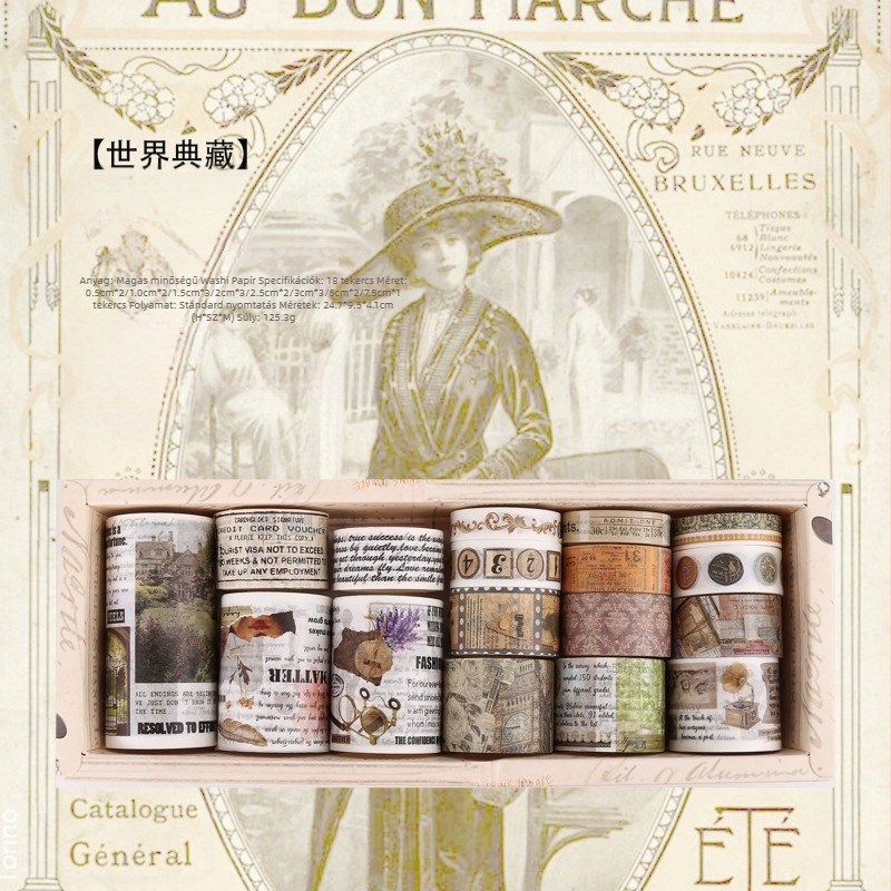Yue Lu papír díszítő és ragasztó szalagkészlet retro naplózáshoz és scrapbookhoz – 18 tekercs, alapanyag: papír, felhasználás: univerzális, import: Nem, ajándék: Nem