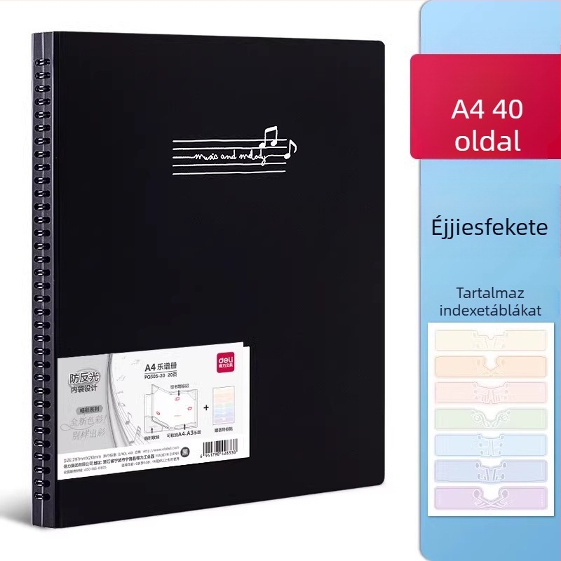 Deli kottaoldal-tároló, PP anyag, átlátszó betétek, újrahasznosítható kottatartó