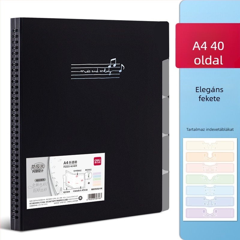 Deli kottaoldal-tároló, PP anyag, átlátszó betétek, újrahasznosítható kottatartó