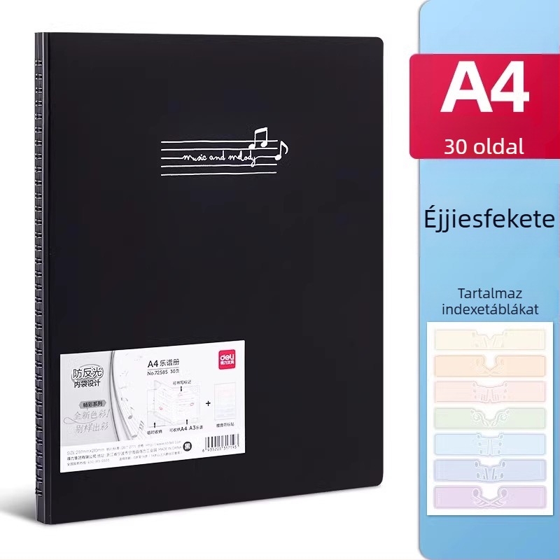 Deli kottaoldal-tároló, PP anyag, átlátszó betétek, újrahasznosítható kottatartó