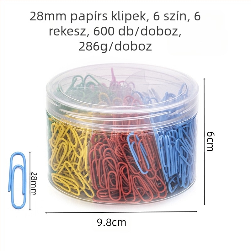 Műanyag bevonatú acél papírkapcsok, hatrekeszes hengeres csomagolás, modell 6T-1/6T-2/6T-3