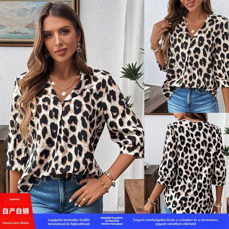 Leopard mintás laza női felső, hosszú ujjú, közepes hosszúságú, poliészter