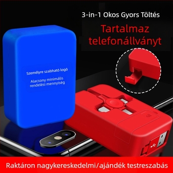 3 az 1-ben visszahúzható töltőkábel állvánnyal, Lightning, Micro USB és USB-C csatlakozókkal, gyors töltés, max. 3A