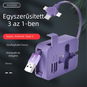 3 az 1-ben visszahúzható töltőkábel állvánnyal, Lightning, Micro USB és USB-C csatlakozókkal, gyors töltés, max. 3A