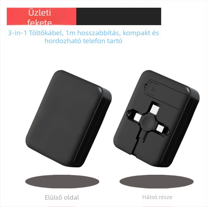 3 az 1-ben visszahúzható töltőkábel állvánnyal, Lightning, Micro USB és USB-C csatlakozókkal, gyors töltés, max. 3A