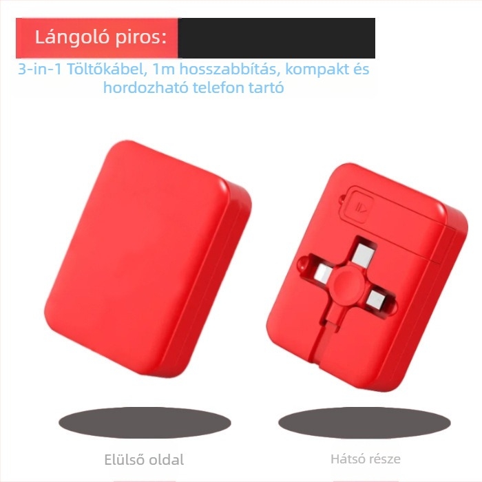 3 az 1-ben visszahúzható töltőkábel állvánnyal, Lightning, Micro USB és USB-C csatlakozókkal, gyors töltés, max. 3A
