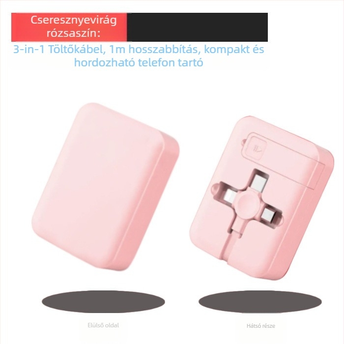 3 az 1-ben visszahúzható töltőkábel állvánnyal, Lightning, Micro USB és USB-C csatlakozókkal, gyors töltés, max. 3A