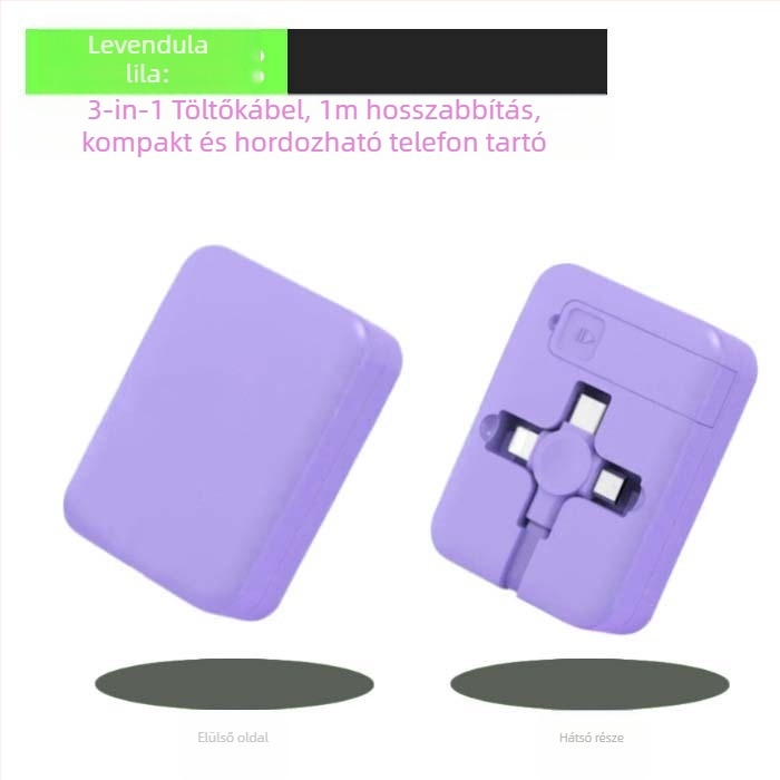 3 az 1-ben visszahúzható töltőkábel állvánnyal, Lightning, Micro USB és USB-C csatlakozókkal, gyors töltés, max. 3A