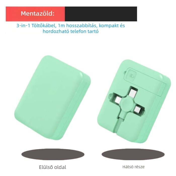 3 az 1-ben visszahúzható töltőkábel állvánnyal, Lightning, Micro USB és USB-C csatlakozókkal, gyors töltés, max. 3A