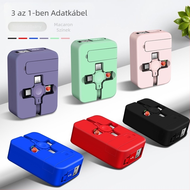 3 az 1-ben visszahúzható töltőkábel állvánnyal, Lightning, Micro USB és USB-C csatlakozókkal, gyors töltés, max. 3A