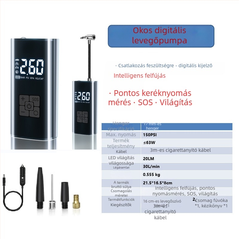 Okos vezeték nélküli autó inflátor pumpa digitális kijelzővel, automatikus indítás-kikapcsolás, autó és motorkerékpár számára, 7.4–12V, 120W, 3 m kábel, 25 L/min