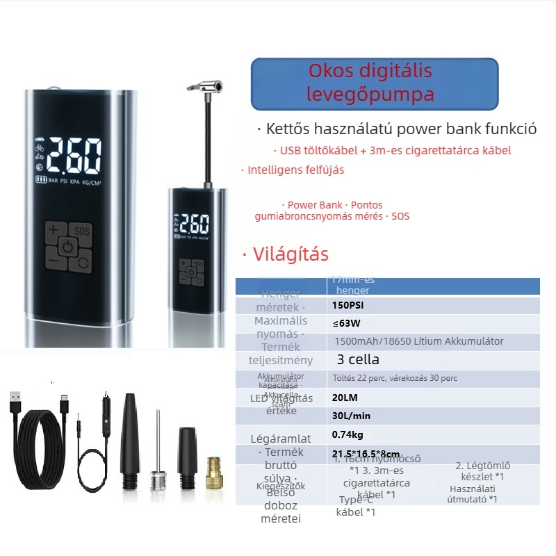 Okos vezeték nélküli autó inflátor pumpa digitális kijelzővel, automatikus indítás-kikapcsolás, autó és motorkerékpár számára, 7.4–12V, 120W, 3 m kábel, 25 L/min