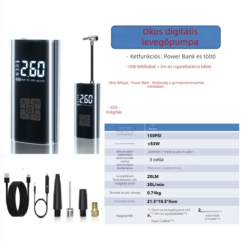 Okos vezeték nélküli autó inflátor pumpa digitális kijelzővel, automatikus indítás-kikapcsolás, autó és motorkerékpár számára, 7.4–12V, 120W, 3 m kábel, 25 L/min
