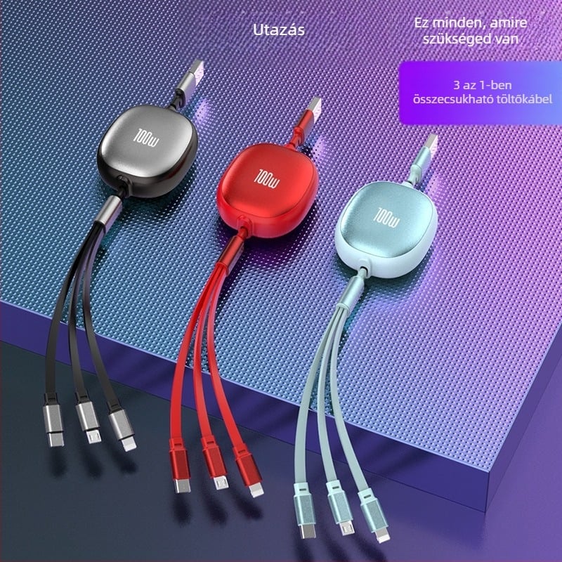 Behúzható 3-in-1 USB-kábel alumínium házban – 100W gyorstöltés, Lightning, Micro USB és Type-C