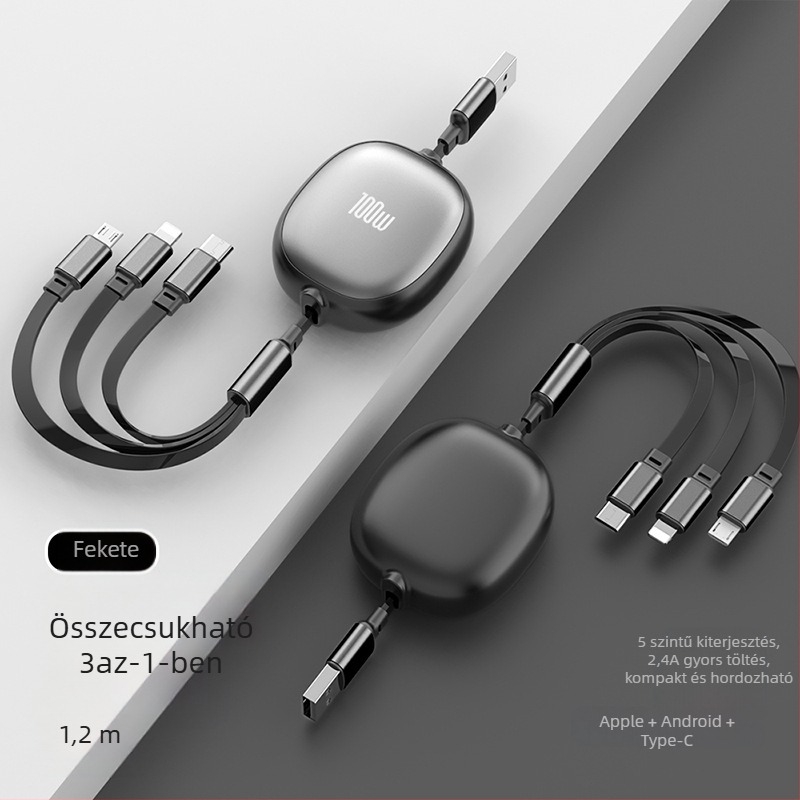 Behúzható 3-in-1 USB-kábel alumínium házban – 100W gyorstöltés, Lightning, Micro USB és Type-C