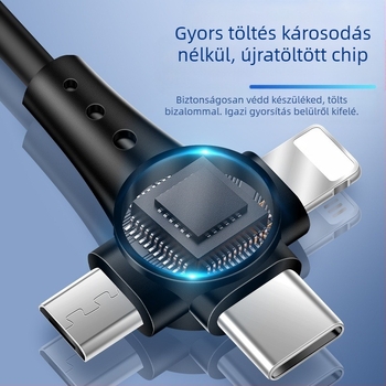 3 az 1-ben adat- és gyorstöltő kábel Lightning, Micro USB és USB-C interfésszel, 1,5 m hosszú, 120 W max, TPE anyag