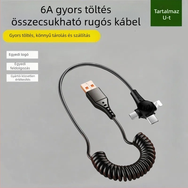 3 az 1-ben adat- és gyorstöltő kábel Lightning, Micro USB és USB-C interfésszel, 1,5 m hosszú, 120 W max, TPE anyag