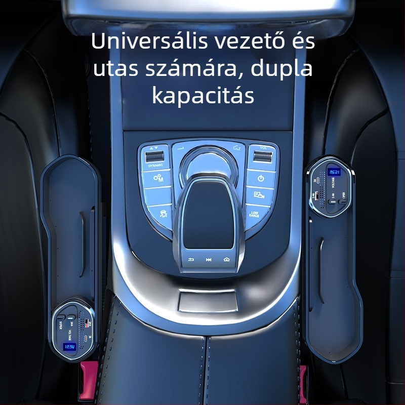 Autóülés közötti tároló doboz vezeték nélküli töltéssel, teleszkópos kábel és digitális kijelzővel