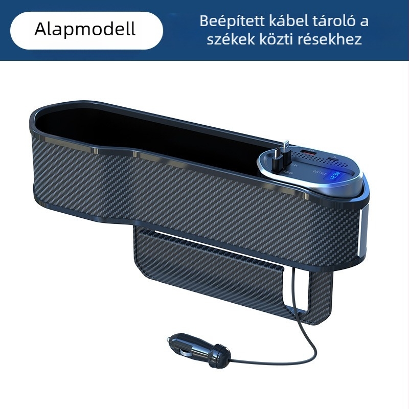Autóülés közötti tároló doboz vezeték nélküli töltéssel, teleszkópos kábel és digitális kijelzővel