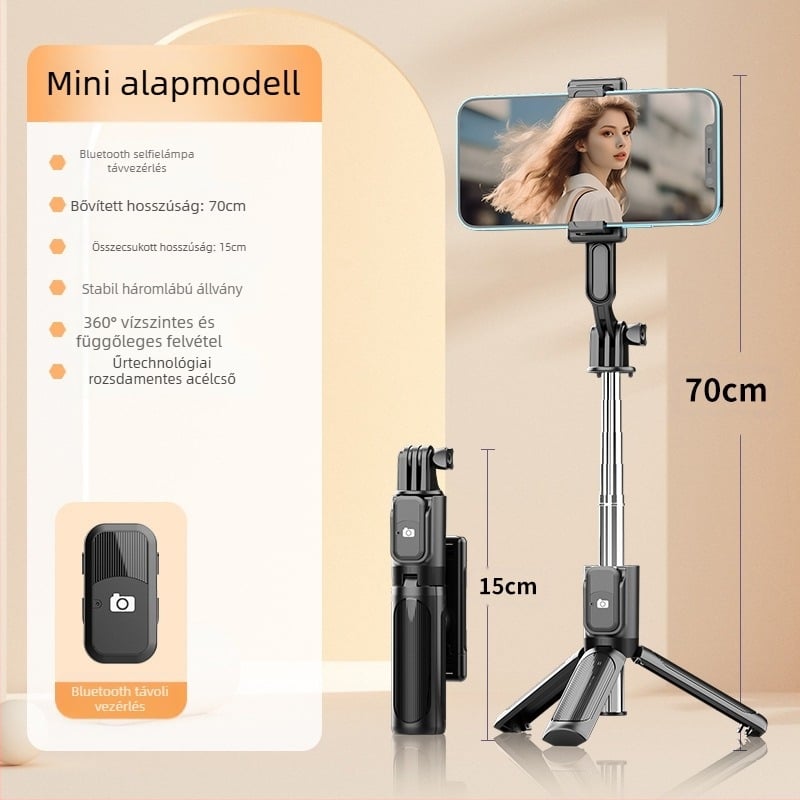 Perfect Shot Mini Selfie Stick Bluetooth távirányítóval, hordozható telefon-tartó és talajon álló tripod | ABS + rozsdamentes acél