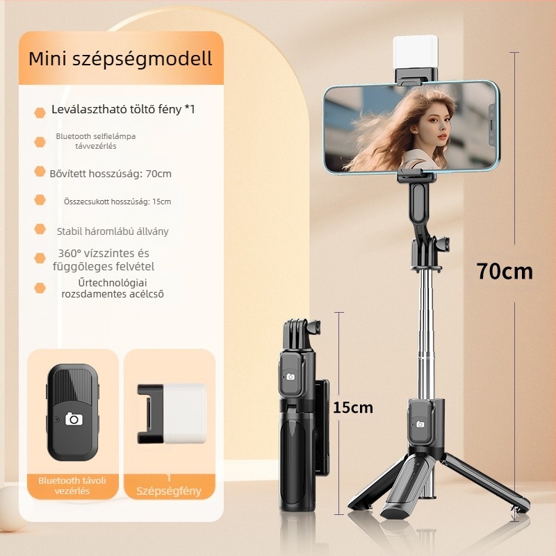 Perfect Shot Mini Selfie Stick Bluetooth távirányítóval, hordozható telefon-tartó és talajon álló tripod | ABS + rozsdamentes acél