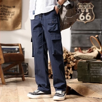 Japán-stílusú retró lezser nadrág, lazán szabott egyenes fazon, középmagas derék, zsinóros zárás, pamut‑keverék