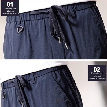 Japán-stílusú retró lezser nadrág, lazán szabott egyenes fazon, középmagas derék, zsinóros zárás, pamut‑keverék