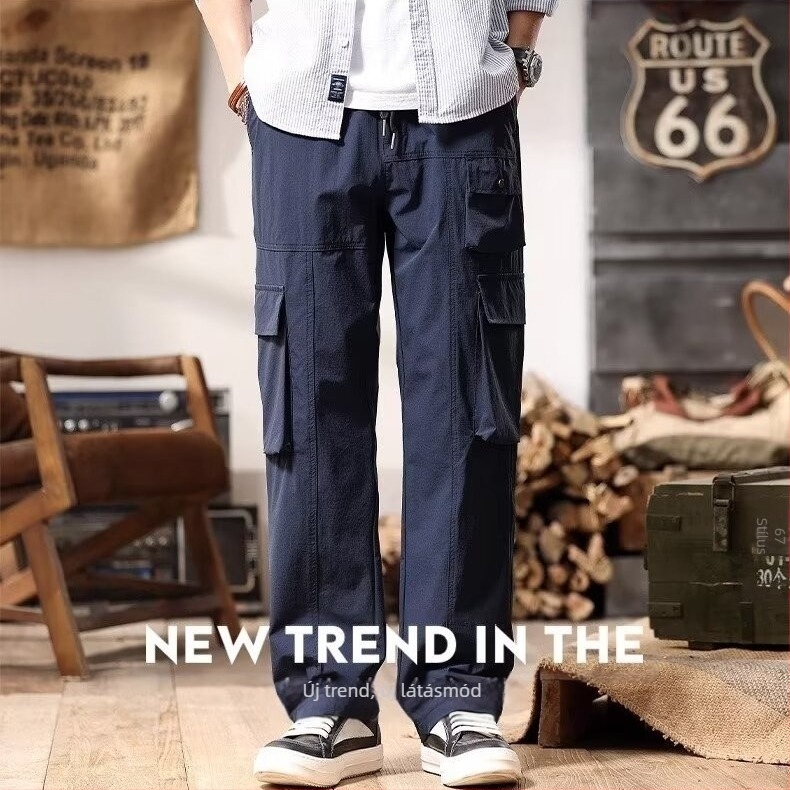 Japán-stílusú retró lezser nadrág, lazán szabott egyenes fazon, középmagas derék, zsinóros zárás, pamut‑keverék