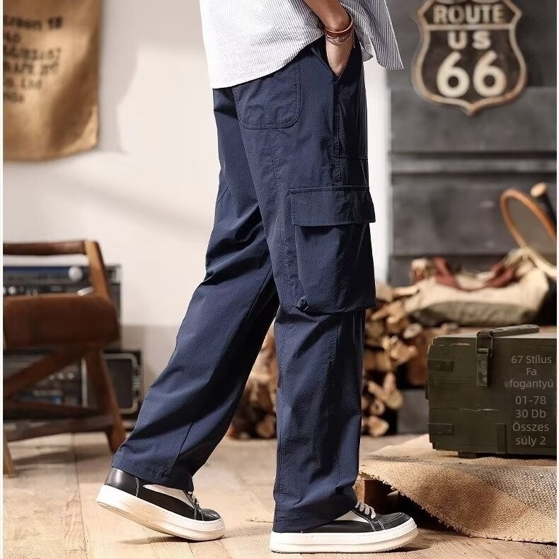 Japán-stílusú retró lezser nadrág, lazán szabott egyenes fazon, középmagas derék, zsinóros zárás, pamut‑keverék