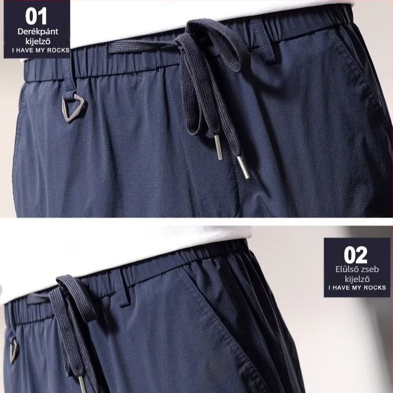 Japán-stílusú retró lezser nadrág, lazán szabott egyenes fazon, középmagas derék, zsinóros zárás, pamut‑keverék