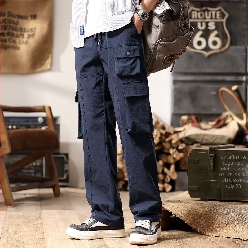 Japán-stílusú retró lezser nadrág, lazán szabott egyenes fazon, középmagas derék, zsinóros zárás, pamut‑keverék