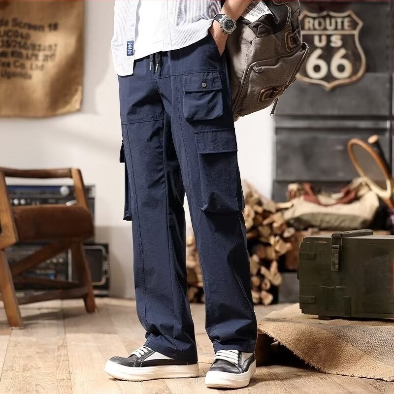 Japán-stílusú retró lezser nadrág, lazán szabott egyenes fazon, középmagas derék, zsinóros zárás, pamut‑keverék