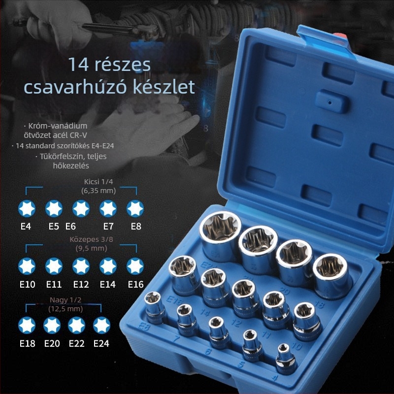 14 darabos készlet króm-vanádium acélból autójavításra, nettó tömeg 2 kg