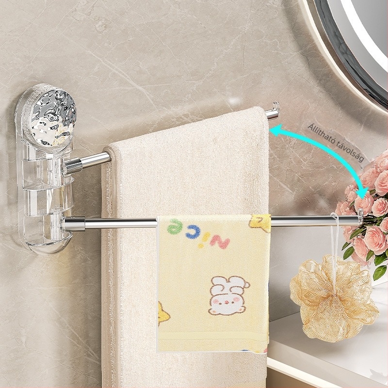 Rozsdamentes acél törölközőtartó vákuumos rögzítésű, forgó, perforáció nélküli, több karos fürdőszobai tartó