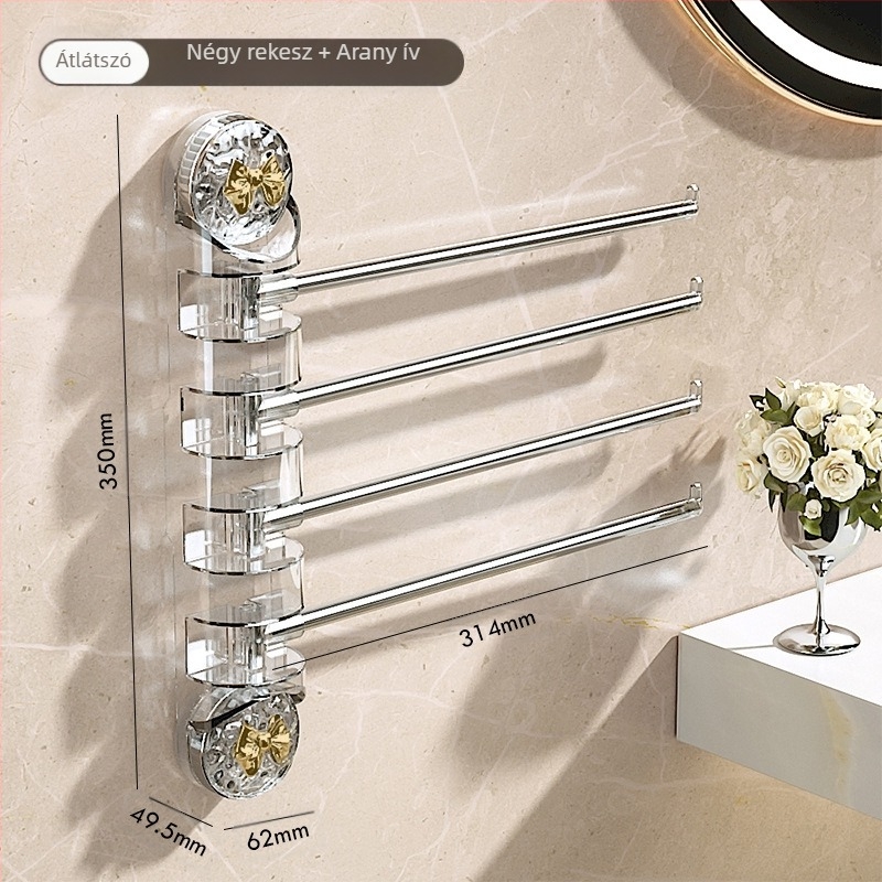 Rozsdamentes acél törölközőtartó vákuumos rögzítésű, forgó, perforáció nélküli, több karos fürdőszobai tartó