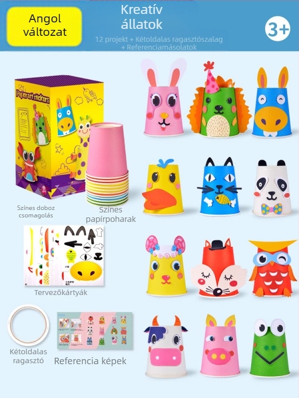 Gyerekeknek szóló papír pohár festő készlet – DIY kézműves, oktatási művészeti játék; Anyag: papír; Márka: Hibiscus angel; Ajánlott kor: 4–6 év; Csomagolás: Doboz
