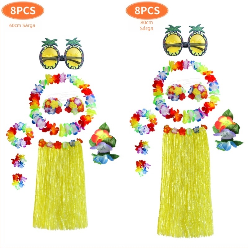 Kaifeng Party Hawaii Hula jelmez strandhoz - 8 részes készlet, fűből készült szoknya, virágos fejkoszorú és kiegészítők