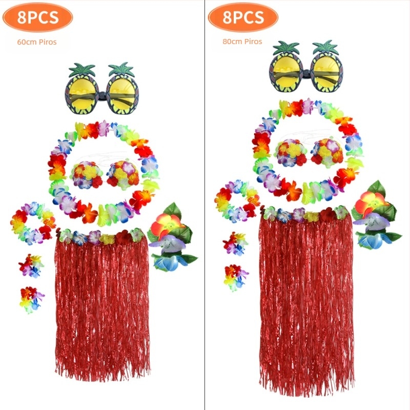 Kaifeng Party Hawaii Hula jelmez strandhoz - 8 részes készlet, fűből készült szoknya, virágos fejkoszorú és kiegészítők