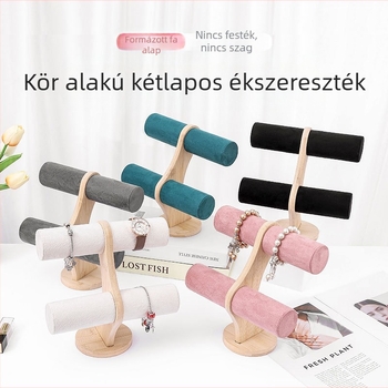 Fa kör alakú, kétszintes ékszerkijelző állvány velúr borítással és PU bőr díszítésekkel