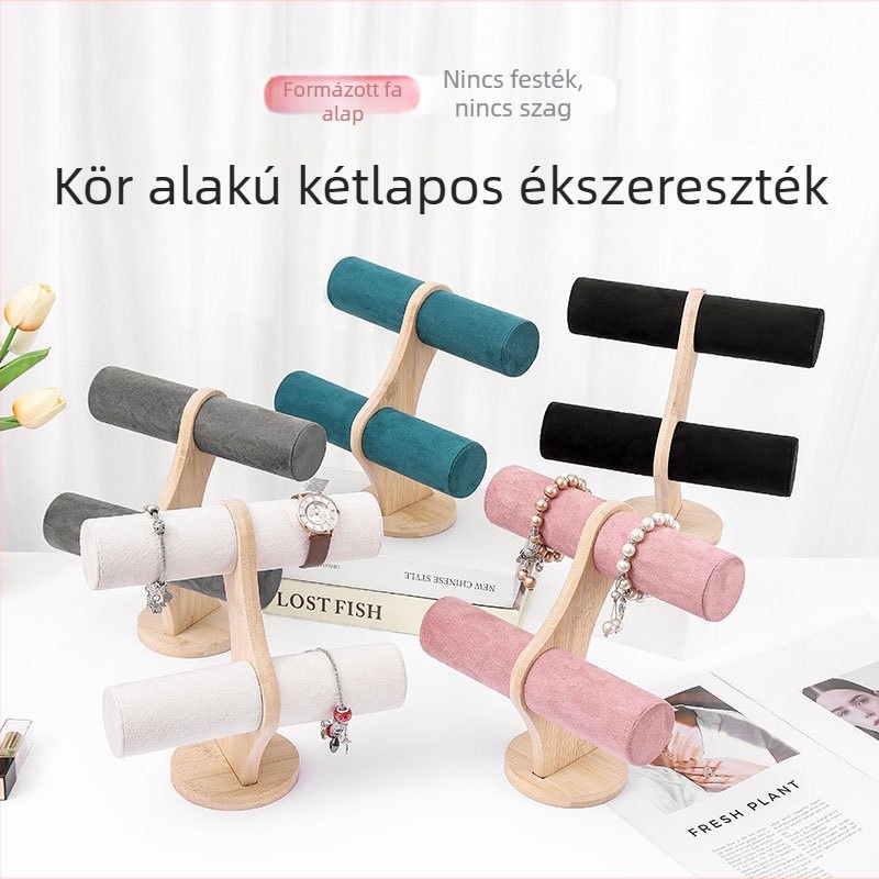 Fa kör alakú, kétszintes ékszerkijelző állvány velúr borítással és PU bőr díszítésekkel